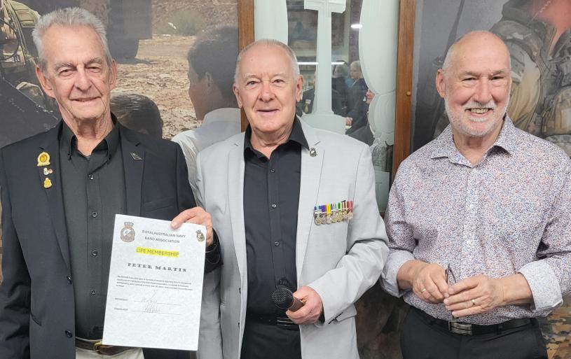 Pincher [Peter] Martin awarded Life Membership of RAN Veterans Band Assoc -Oct 2024 - mainly for his work as a volunteer  DVA Advocate