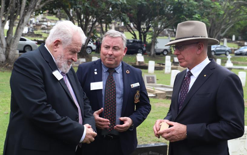 Social Media Curator, Peter Collins CGMM (centre), briefs his Excellency General the Honourable David Hurley AC DSC (Retd.), Governor-General of the Commonwealth of Australia (right), on why the Canon Garland Memorial Medal he was about to confer on Sub-Section President, CMDR Darryl Neild OAM (RAN, Retd.), on 4 April 2024, was apt. Darryl, over many years, has strived to raise public awareness about the life and legacy of the late Reverend Canon David Garland OBE, the "Architect of ANZAC Day." 