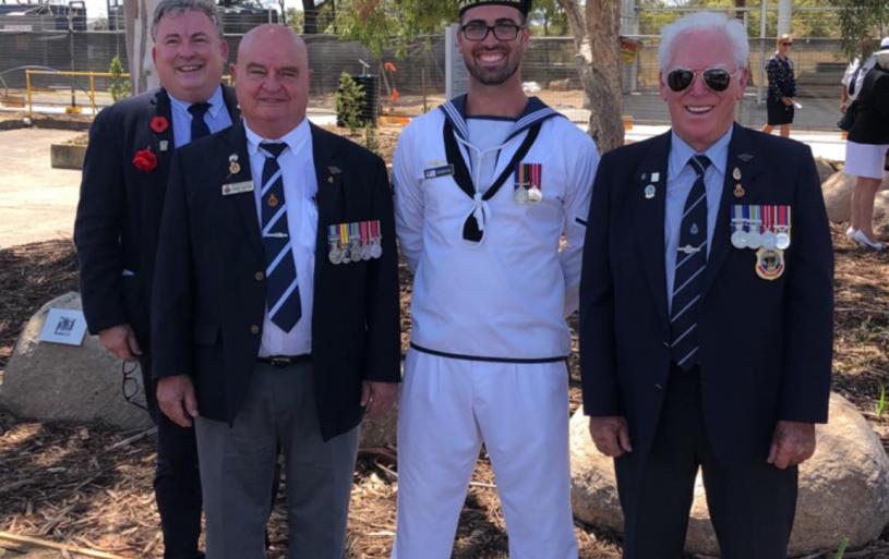 On 30 January 2019, LSML-SC Hayden Eyles was presented with an Australia Day Medallion by His Excellency, the Governor of Queensland, the Honourable Paul de Jersey AC QC, in the presence of Captain Stephen Bowater OAM RANR, and invited guests, at HMAS Moreton. BZ, from all at the Naval Association of Australia Sandgate Sub-Section. From left in this photo are Sub-Section Honorary Member, Peter Collins; Sub-Section President, Darby Ashton; LSML-SC Hayden Eyles; and Sub-Section Vice-President, Allan Bird.
