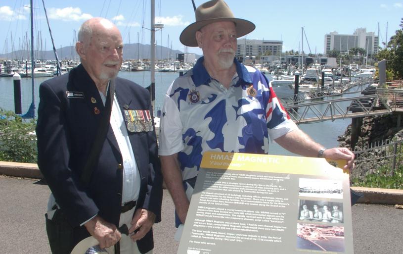 On the 10th October 2023, a memorial plaque was unveiled on the foreshore of Townsville to remember  HMAS Magnetic, the Naval Base during WW2 in Townsville. Two members Jim Davis and Bungy Williams shown here.