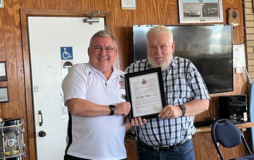 Naval Association of Australia Sandgate Sub-Section President, CMDR Darryl Neild OAM CGMM (RAN, Retd.) at the 19 May 2024 monthly meeting presented this Certificate of Appreciation to our Social Media Curator, Peter Collins CGMM. #OurVeterans #TYFYS #DefenceChaplainsMemorial #AnzacDayPrecinct #GarlandMemorial #NAAQLD