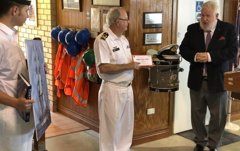 For the second year in a row, Sandgate Sub-Section is sponsoring an Australian Navy Cadet member of Shorncliffe's Training Ship Paluma to crew aboard Training Ship Young Endeavour. Pictured (from left), at the conclusion of the Annual Awards Presentation Ceremony at TS Paluma on 23 November 2019, were the 2019 candidate, CDTSMN Seth Shoubridge; the Commanding Officer of TS Paluma, ANCLT Merv Ward (holding the $2,000 donation cheque); and Sub-Section Treasurer, CDR Darryl Neild OAM (RAN, Retd.).