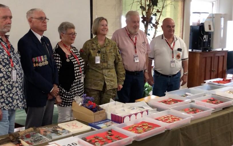 At the presentation of a consignment of uniform insignia, badges and other ephemera at the Army Museum of South Queensland on 6 April 2022 were (from left): Terry McLeod (Sandgate Sub-Section), Brian Powell (co-donor), Phyllis Powell (legatee), CAP Adele Catts (Curator, Army Museum of South Queensland), CDR Darryl Neild OAM (RAN, Retd.), Treasurer of the Sandgate Sub-Section, and Darby Ashton, Sandgate Sub-Section President.